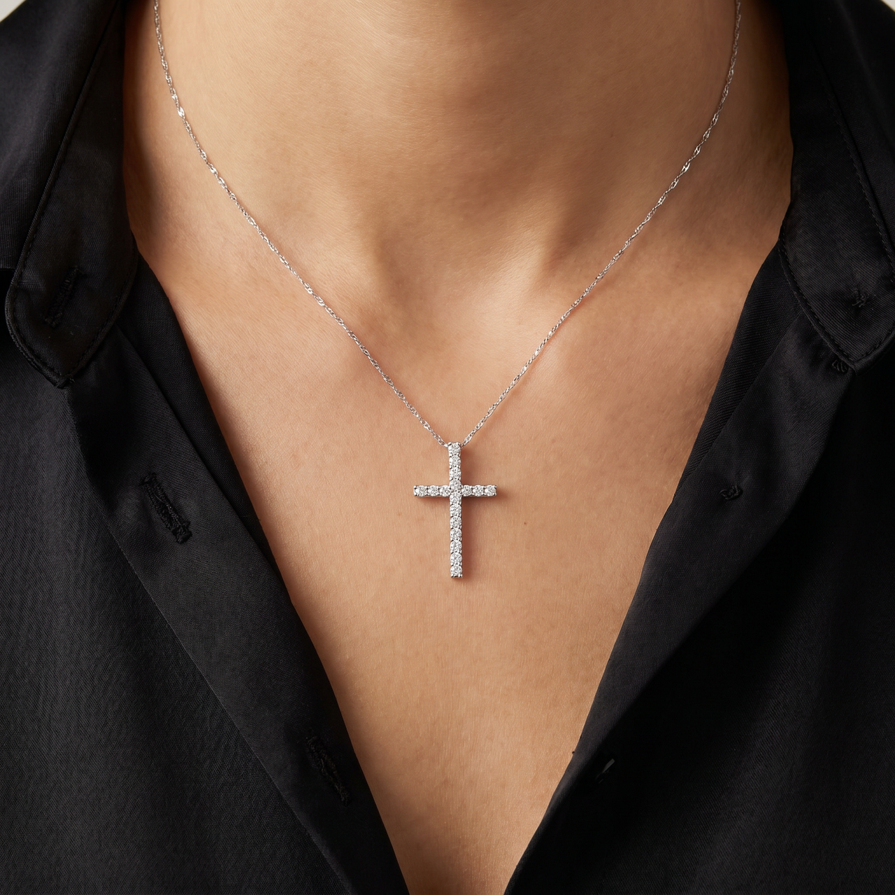 1/3 Ct Lab Diamond Cross Pendant Necklace 18" White Gold 21mm Tall (G-H, VS)