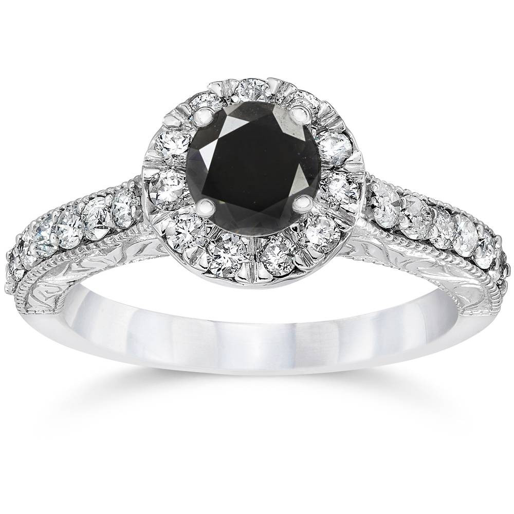 1 3/4ct Vintage Treated Black Diamond Engagement Ring 14K White Gold (Black, I1)