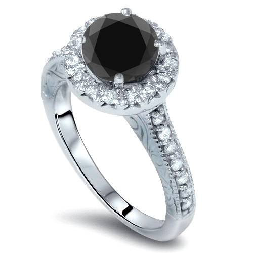 1 3/4ct Vintage Treated Black Diamond Engagement Ring 14K White Gold (Black, I1)