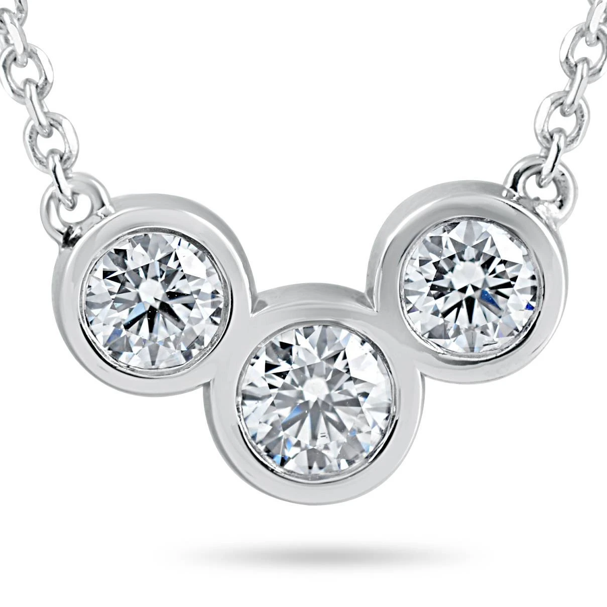 1 3/4ct Diamond 3 Stone Bezel Pendant 14k White Gold 18" Lobster Clasp Lab Grown (F-G, VS)