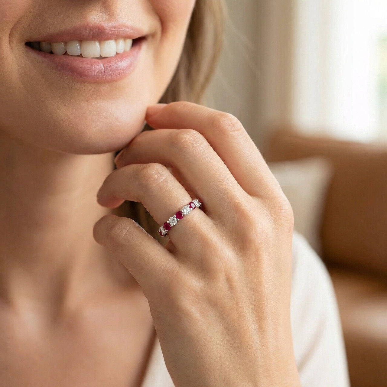 1 1/2ct Ruby & Diamond Eternity Ring 14K White Gold (G-H, I1)