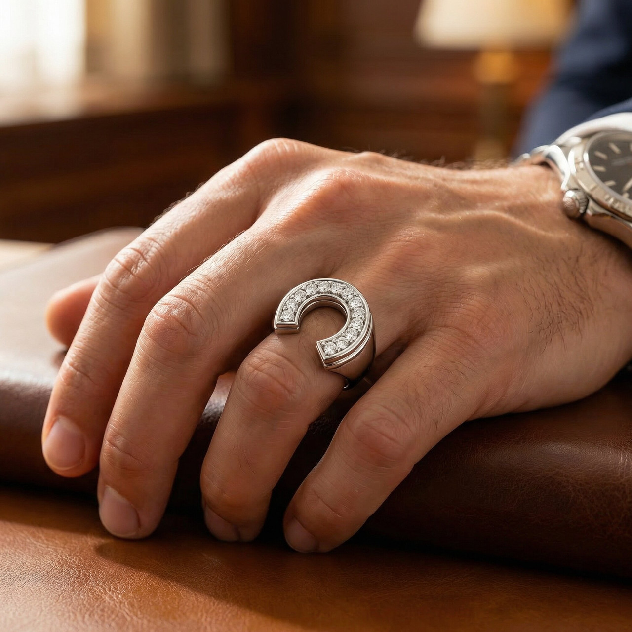 3/4 Ct Men's Diamond Horseshoe Lucky Pinkie Ring 10k White Gold Fashion (G-H, I1)