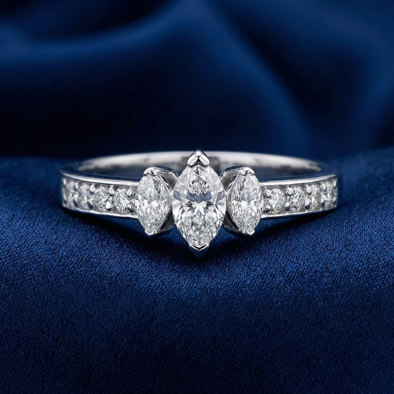 1ct 3-Stone Marquise Diamond Engagement Ring 14K White Gold (G-H, SI)