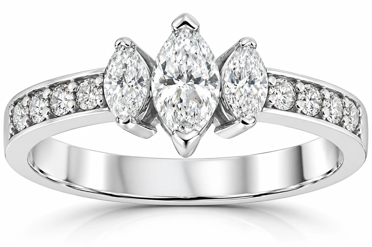1ct 3-Stone Marquise Diamond Engagement Ring 14K White Gold (G-H, SI)