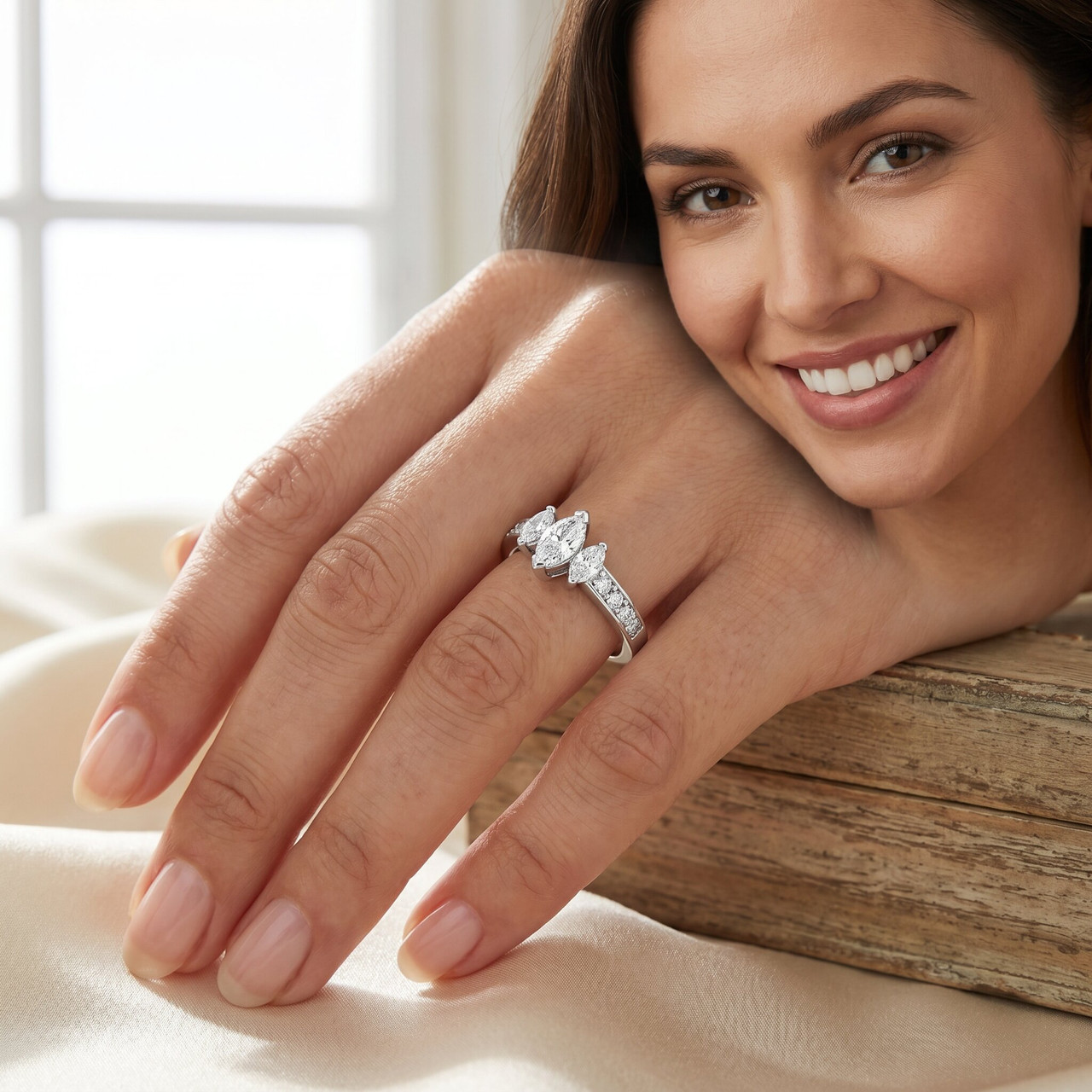 1ct 3-Stone Marquise Diamond Engagement Ring 14K White Gold (G-H, SI)