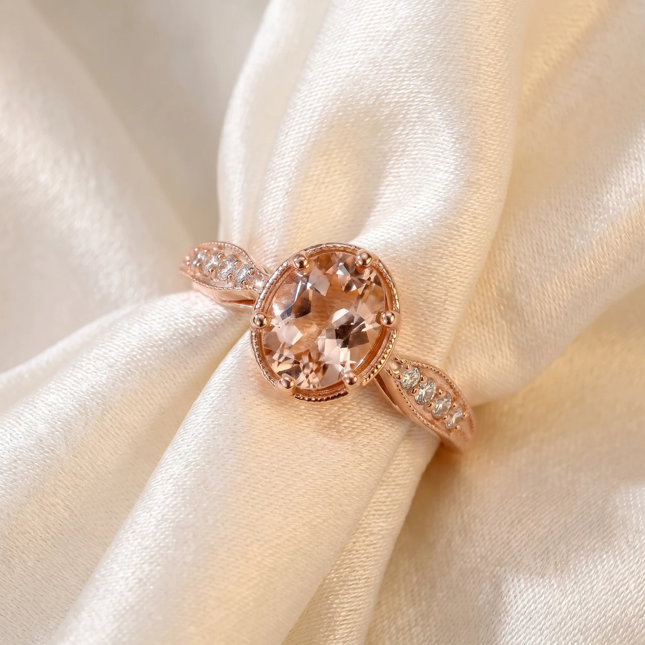1ct Vintage Morganite & Diamond Ring 14K Rose Gold (H-I, I1)