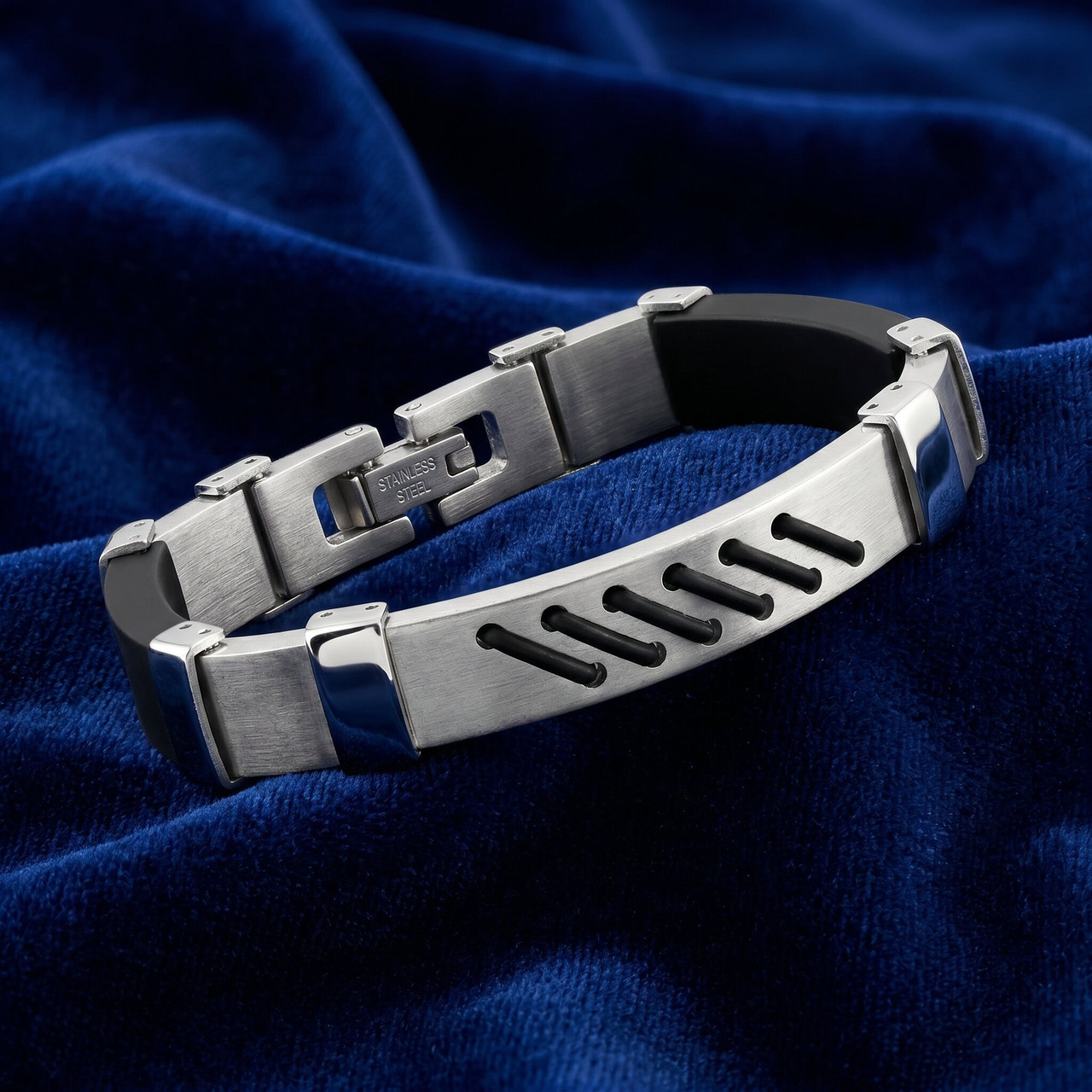 Men's Two Tone Steel 7" Brushed Black Strapped 8mm Bracelet