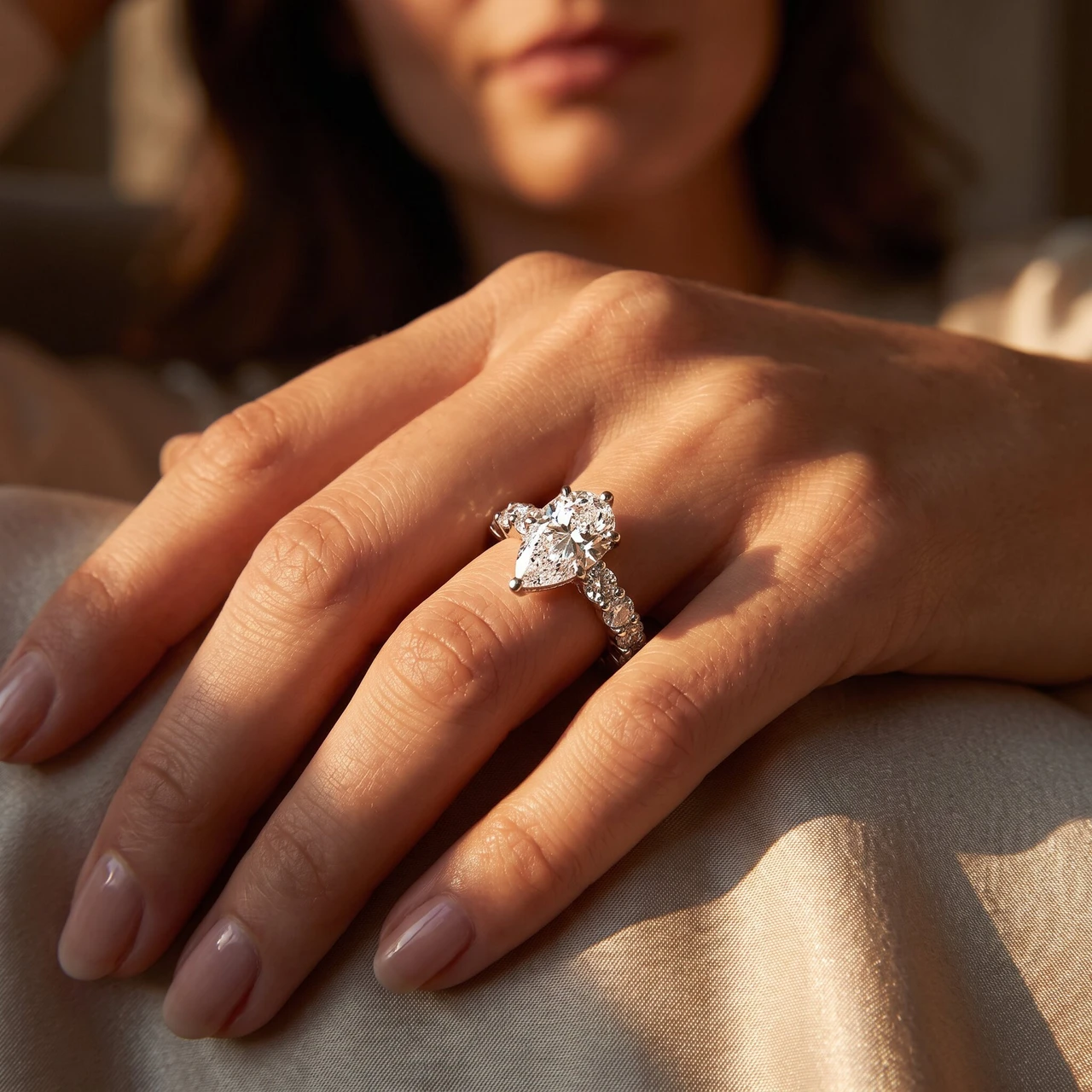 Certified 8Ct TW Pear Diamond Eternity Engagement Ring in 14k Gold Lab Grown (G-H, VS)