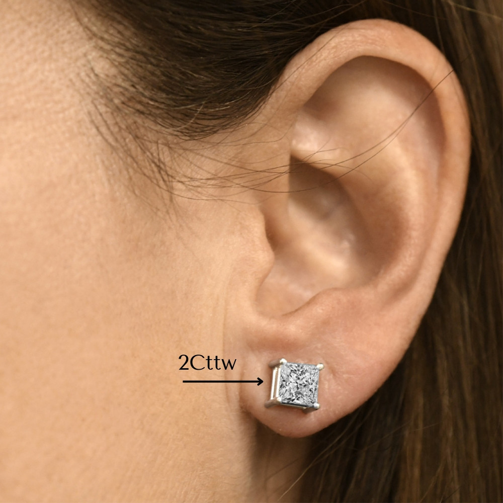 1 - 4 Ct TW Princess Cut Diamond Studs in 14k Gold Earrings Lab Grown (H-I, VS2-SI1)