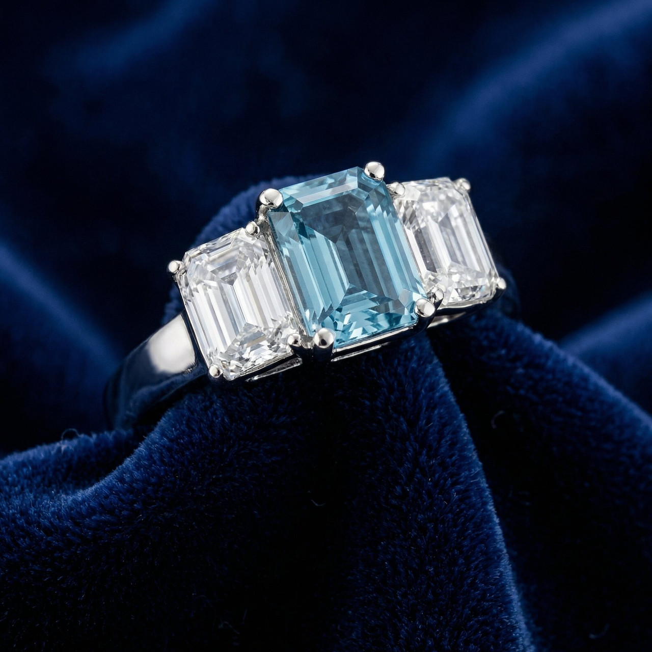 4.50Ct Blue & White Emerald Cut Engagement Ring 14k White Gold Lab Grown (Blue, VS)