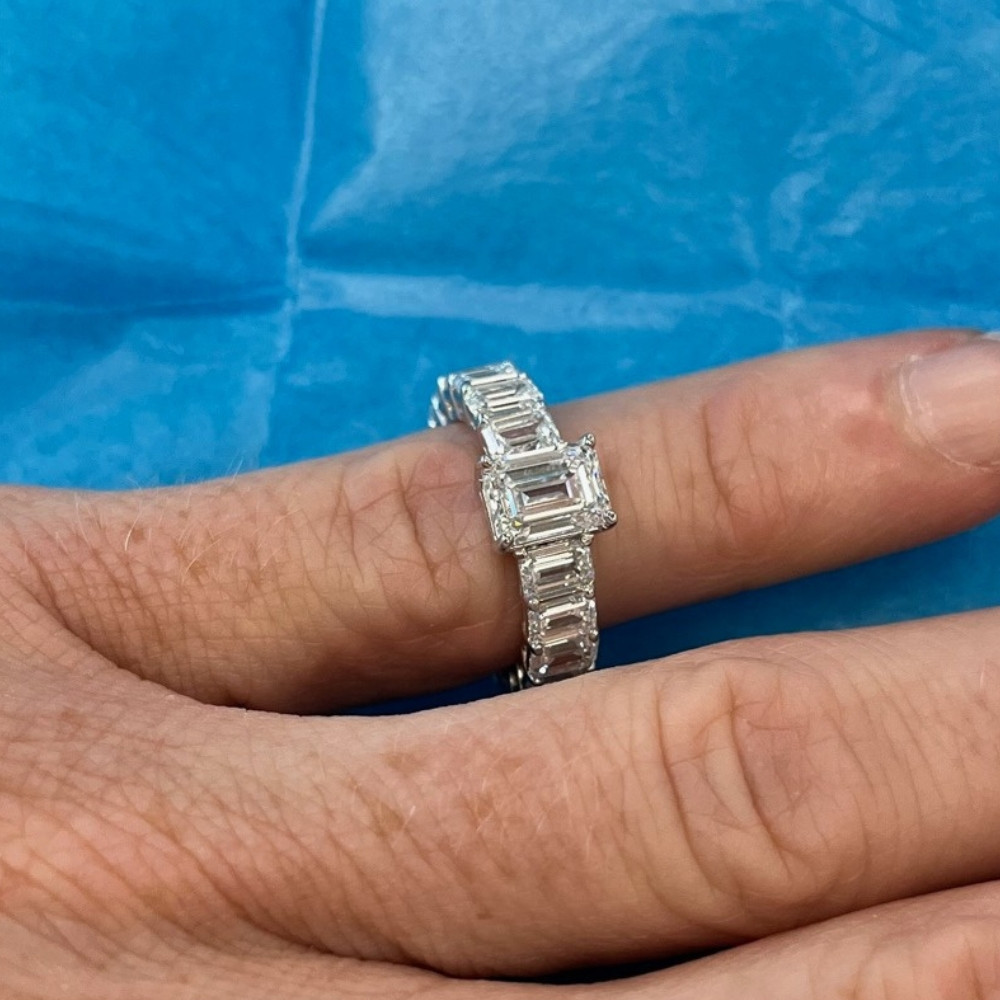 VS 7 1/2Ct Emerald Cut Diamond Engagement Ring 3/4 Eternity 14k Gold Lab Grown (G-H, VS)