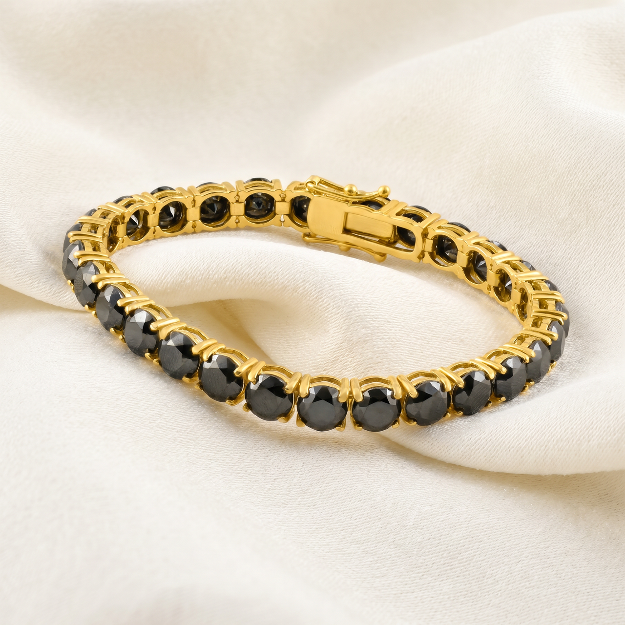 35Ct Black Diamond 14k Yellow Gold Women's Tennis Bracelet 7" (Black, I2-I3)