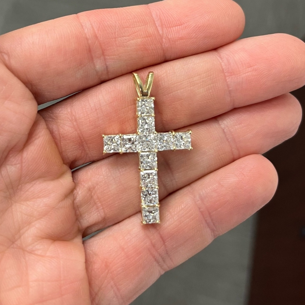 5.80Ct Princess Cut Diamond Cross Pendant 14k Gold Necklace Lab