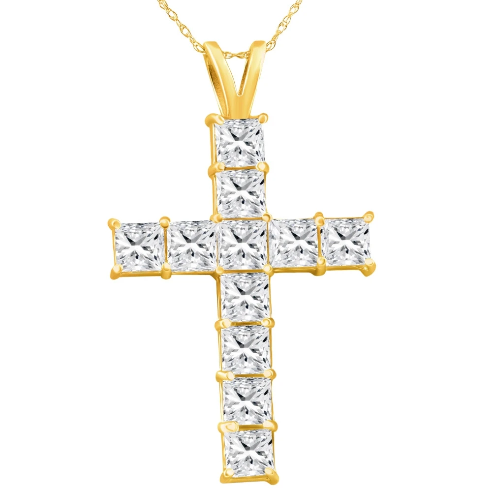 5.80Ct Princess Cut Diamond Cross Pendant 14k Gold Necklace Lab Grown 1 1/2" (G-H, VS)
