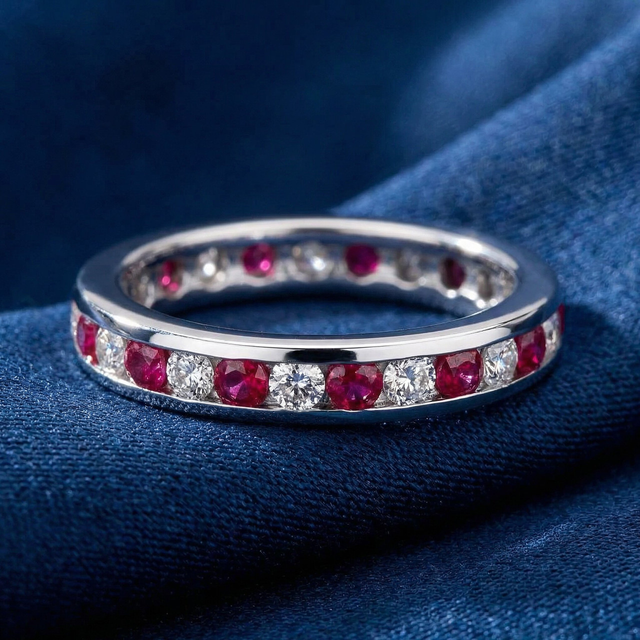 1 1/2ct Ruby & Diamond Eternity Ring 14K White Gold (G-H, I1)