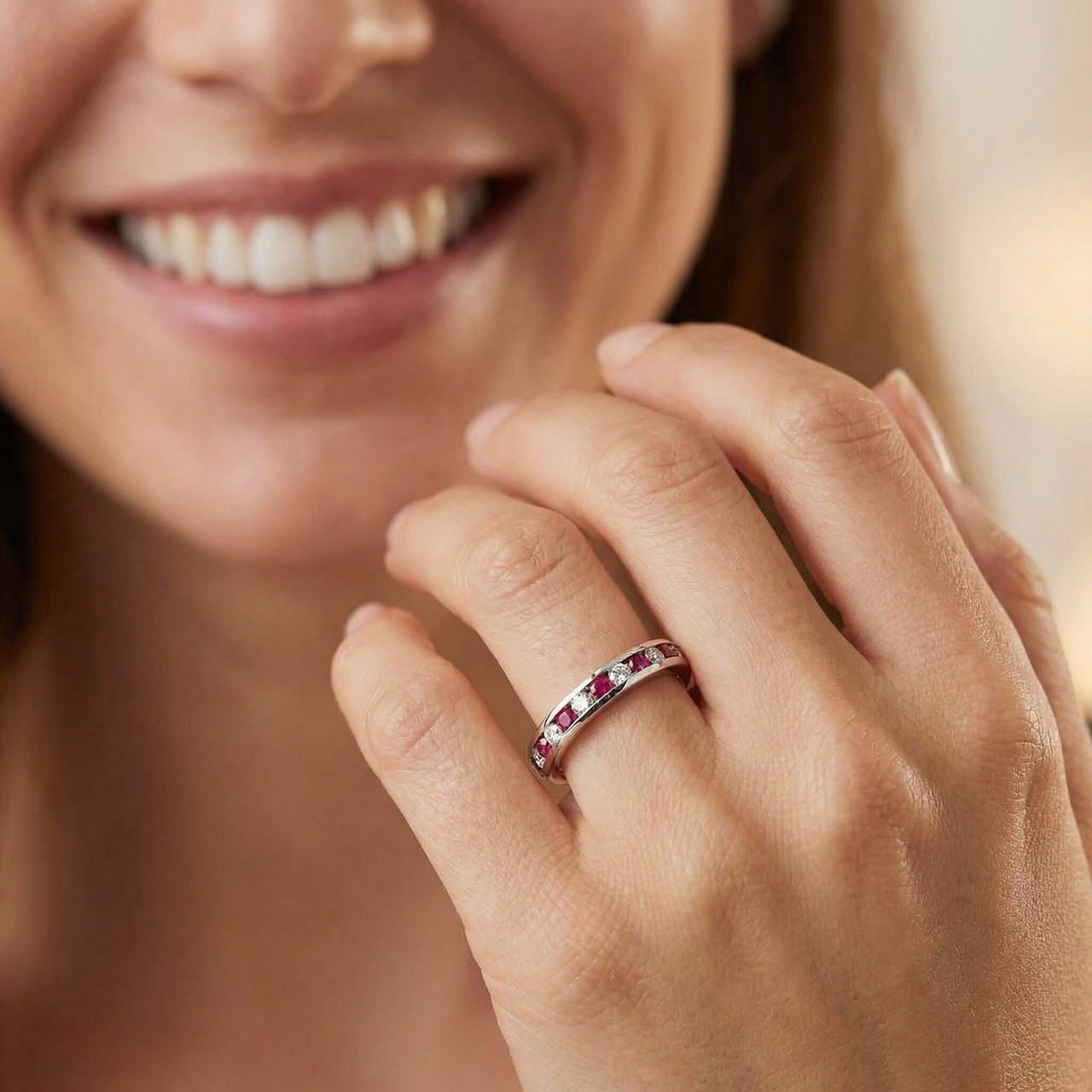 1 1/2ct Ruby & Diamond Eternity Ring 14K White Gold (G-H, I1)