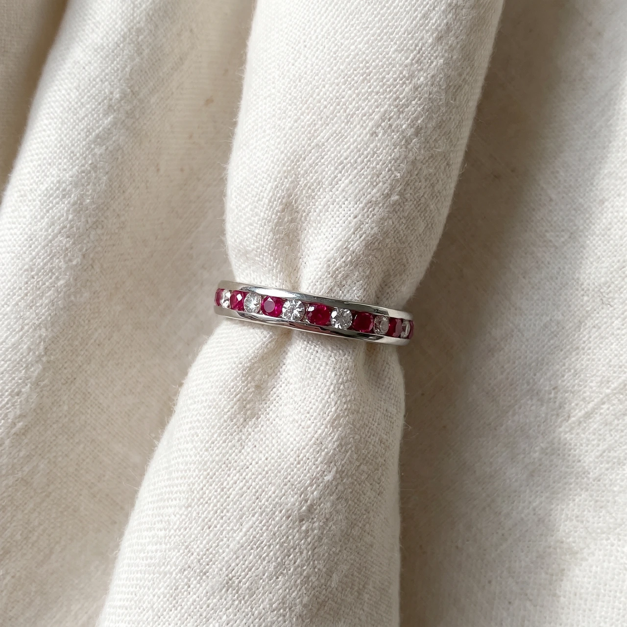 1 1/2ct Ruby & Diamond Eternity Ring 14K White Gold (G-H, I1)