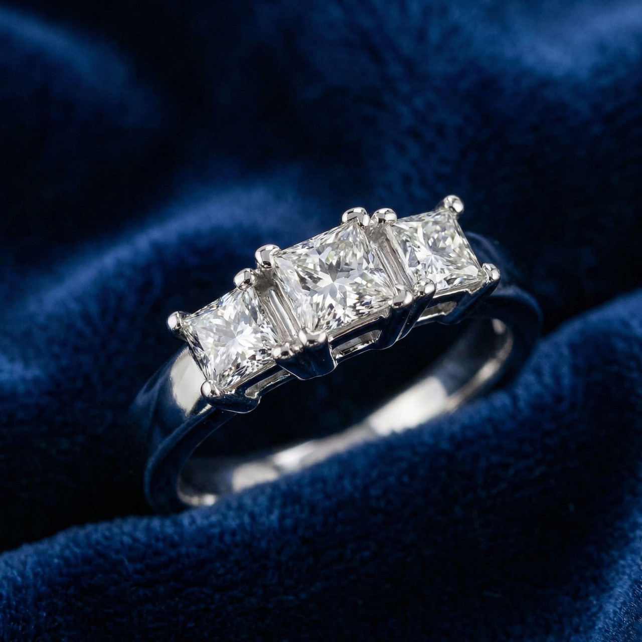 1ct Three Stone Princess Cut Diamond Engagement Ring 14K White Gold (H-I, SI)