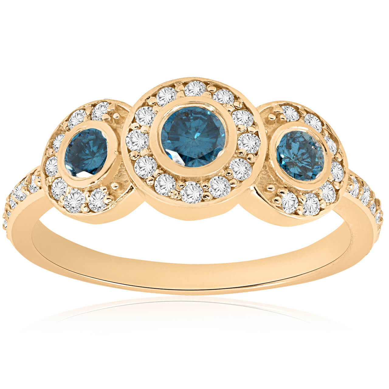 Solid 14k Yellow Gold 3 Three Stone Turquoise and 1/8 Cttw Diamond Bar Char