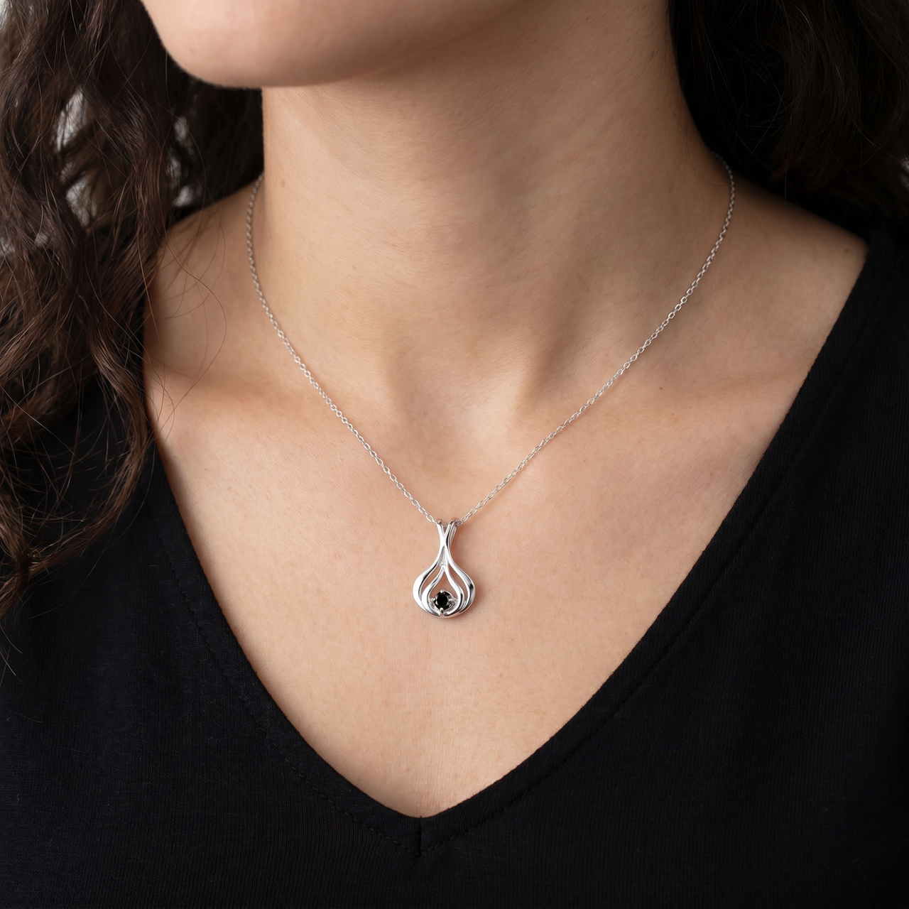 Solitaire Round Black Diamond Pendant & 18" Chain 10K White Gold (Black, I1)