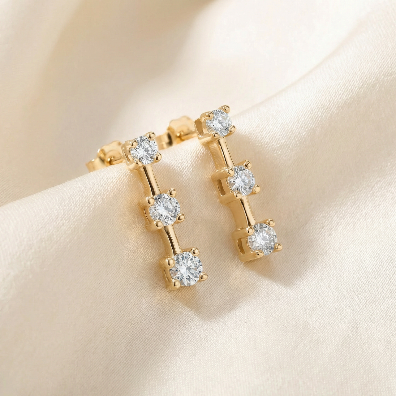 1ct Three Stone Diamond Earrings 14K Yellow Gold (G-H, I2-I3)