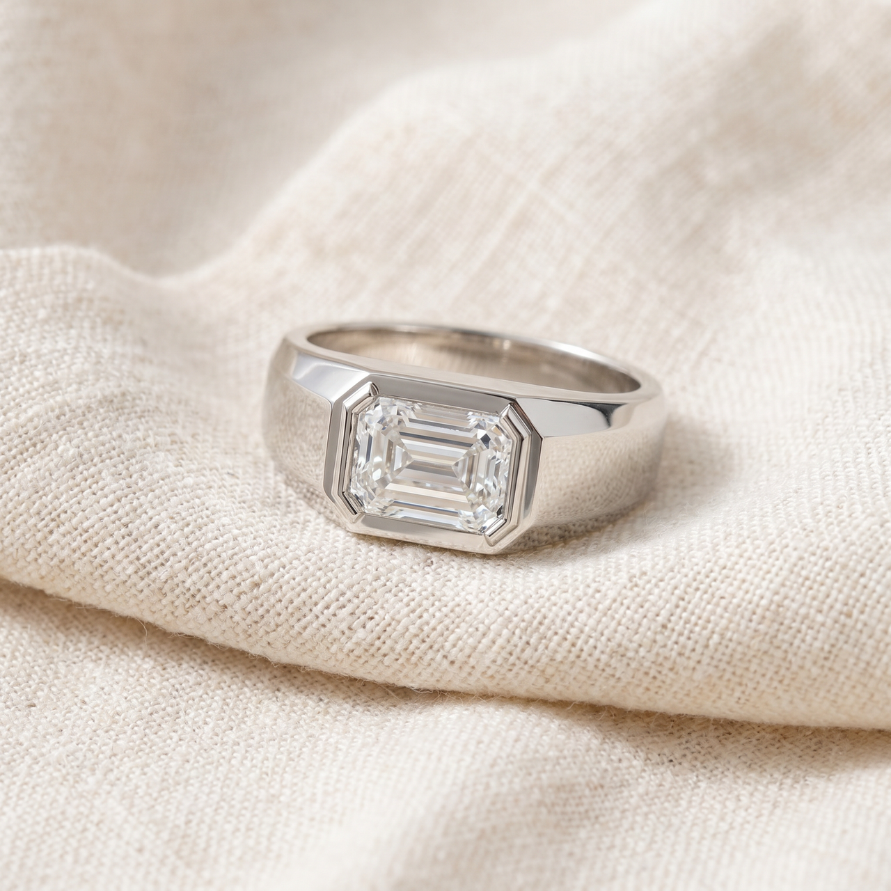 1 3/8Ct Emerald Cut Solitaire Men's Bezel Ring in 14k Gold Lab Grown (G-H, VS2-SI1)