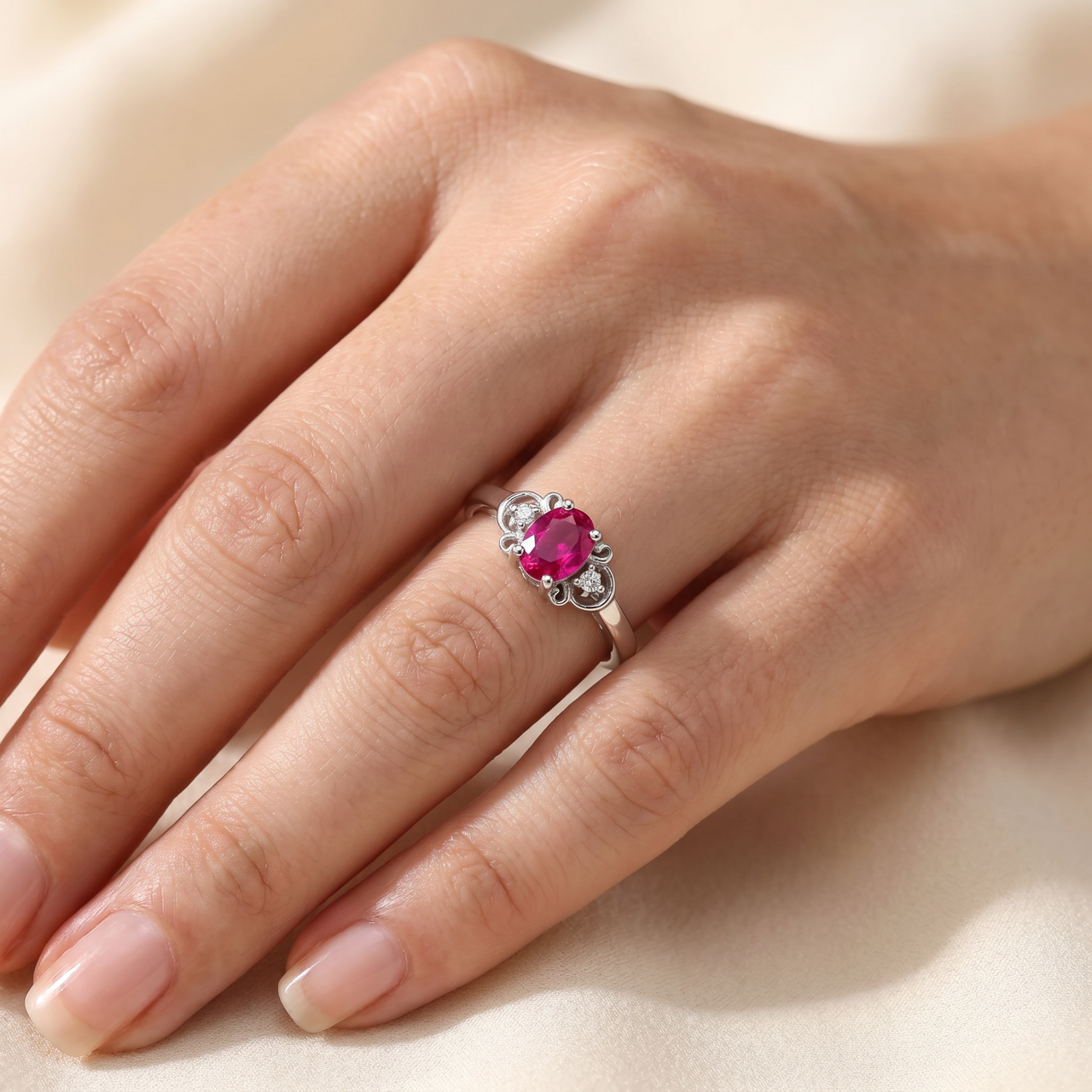 5/8ct Ruby & Diamond Ring 14K White Gold (G-H, SI)