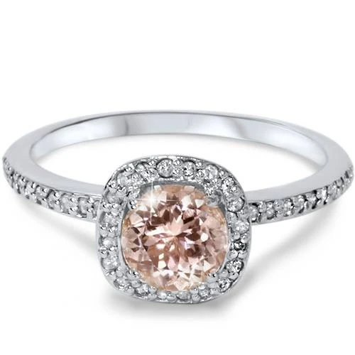 7/8ct Round Morganite & Diamond Cushion Halo Engagement Ring 14K White Gold (G-H, I2-I3)
