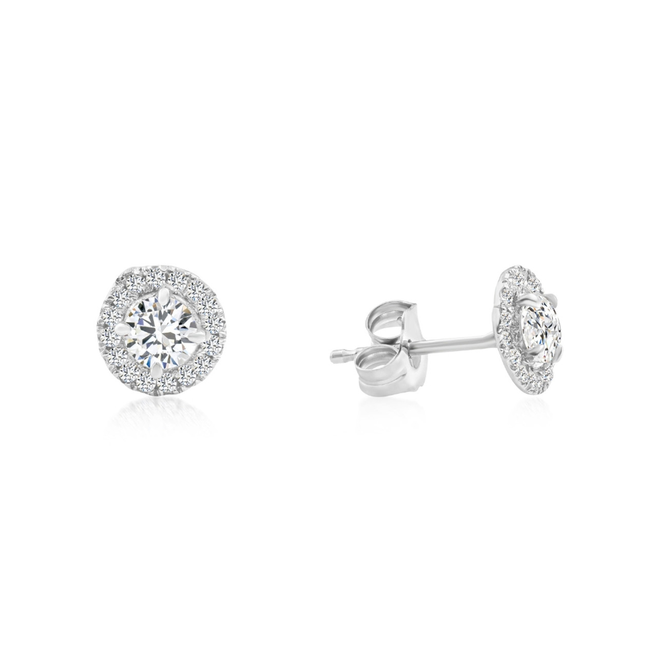 1/2 Ct Halo Diamond Studs 10K White Gold Push Back