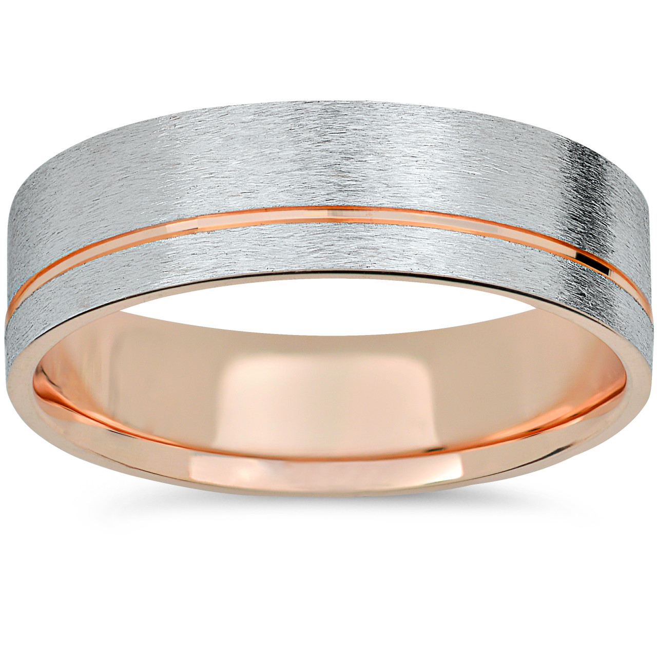 Mens Two Tone Brushed 14k Rose White Gold Wedding Band
