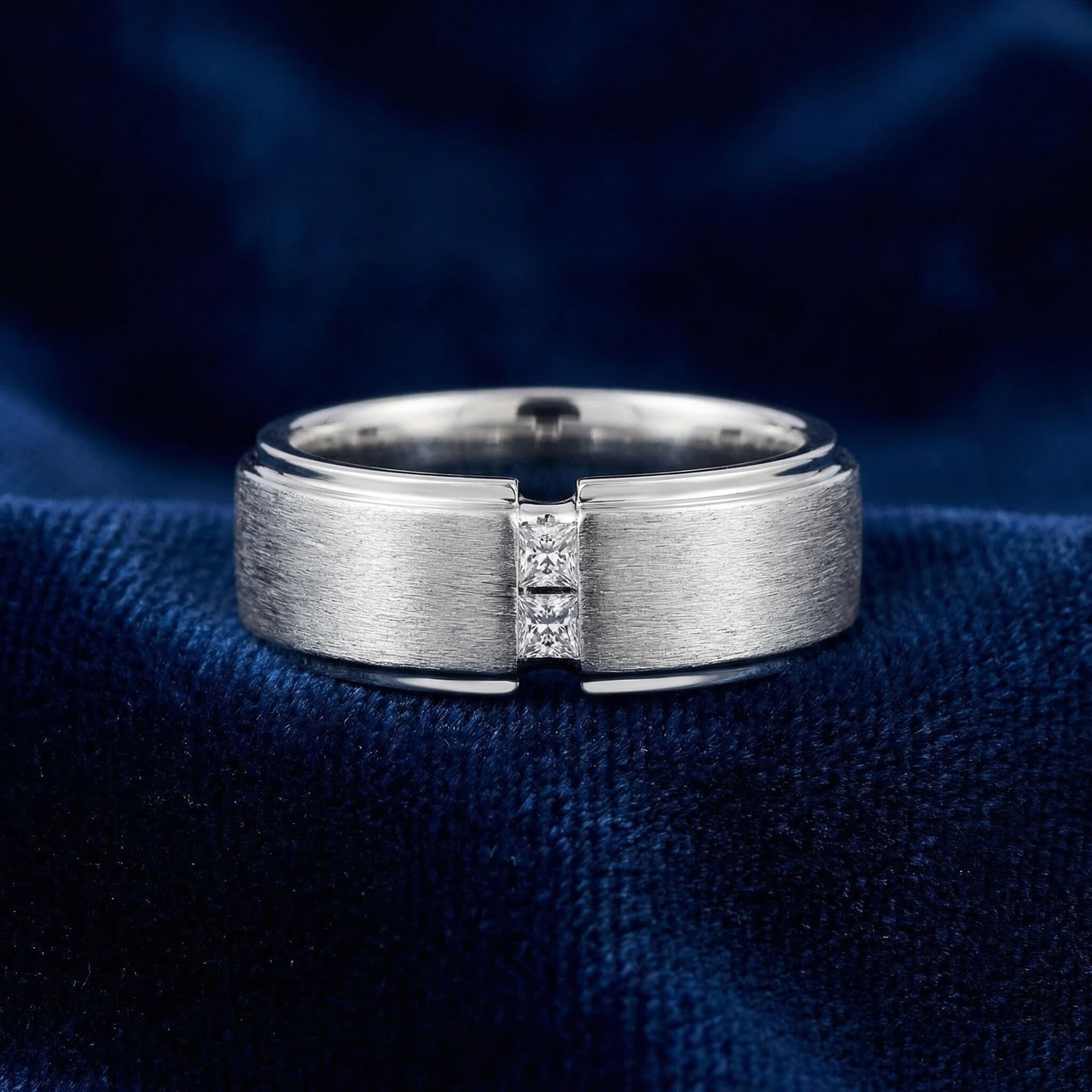 Mens 14K White Gold Brushed Princess Cut Diamond Wedding Ring (G-H, VS)