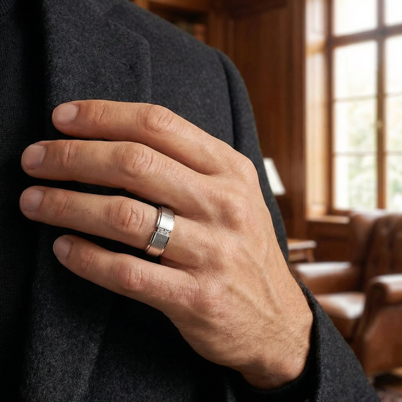 Mens 14K White Gold Brushed Princess Cut Diamond Wedding Ring (G-H, VS)