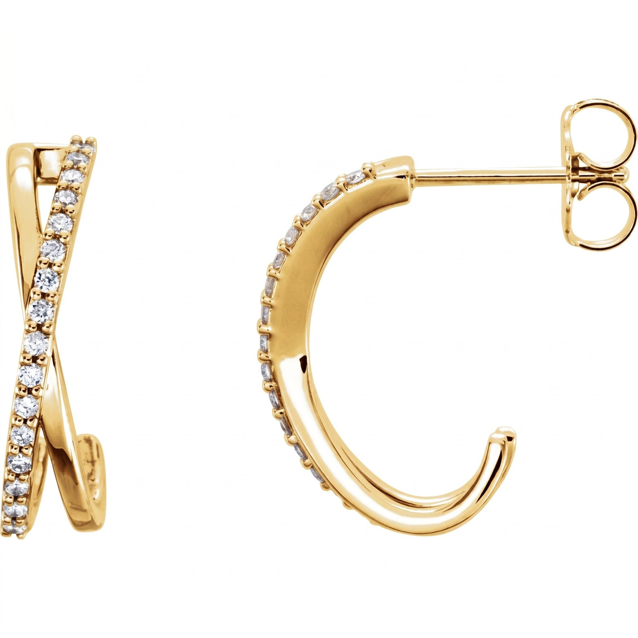 .25CT 14K Yellow Gold Diamond Hoops Criss Cross Earrings 3/4" Tall (H-I, I1)