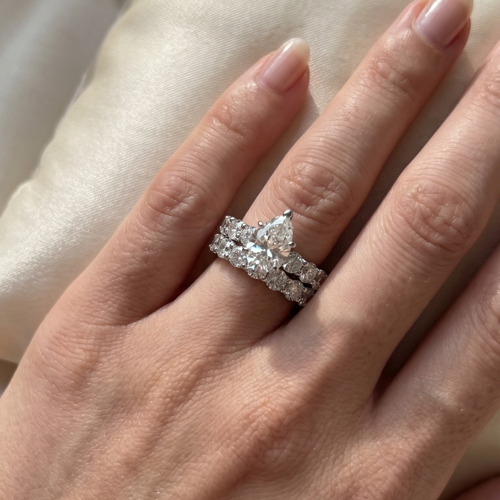 Certified 13Ct Pear Shape Diamond Eternity Wedding Ring Set 14k Gold Lab Grown (G-H, VS2-SI1)