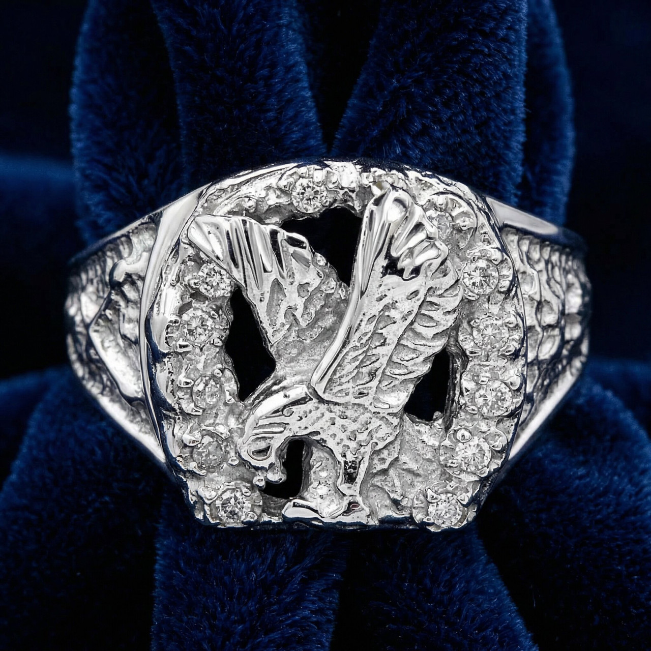 Mens Diamond American Eagle Ring 10K White Gold (G-H, I2-I3)