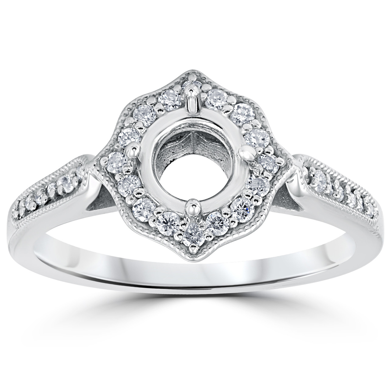 1/5ct Vintage Halo Diamond Engagement Ring Setting 14k White Gold With Milgrain (H-I, I1)