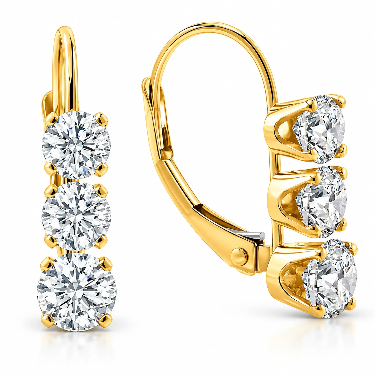 1/2ct 3 Stone Diamond Earrings 14K Yellow Gold Lever Back Hoops (G-H, I2-I3)