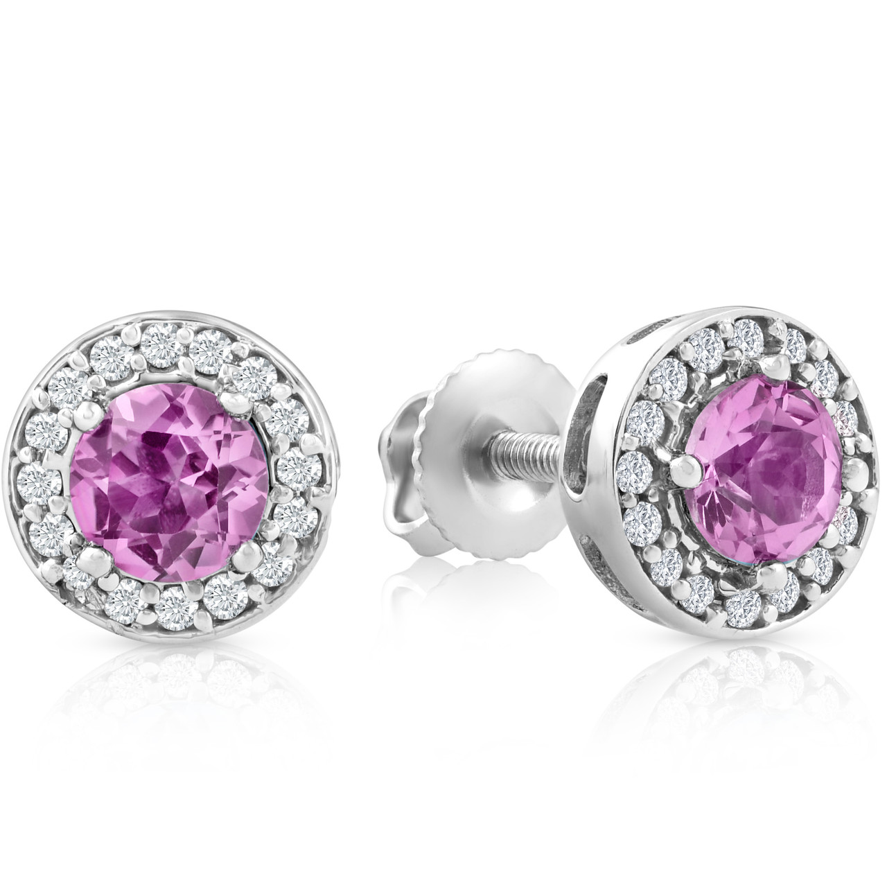 5/8ct Halo Diamond Pink Sapphire Studs 14K White Gold (G-H, I1)