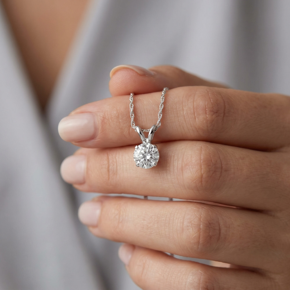 1/2ct Solitaire Diamond Pendant Necklace 14K White Gold (J-K, I2-I3)