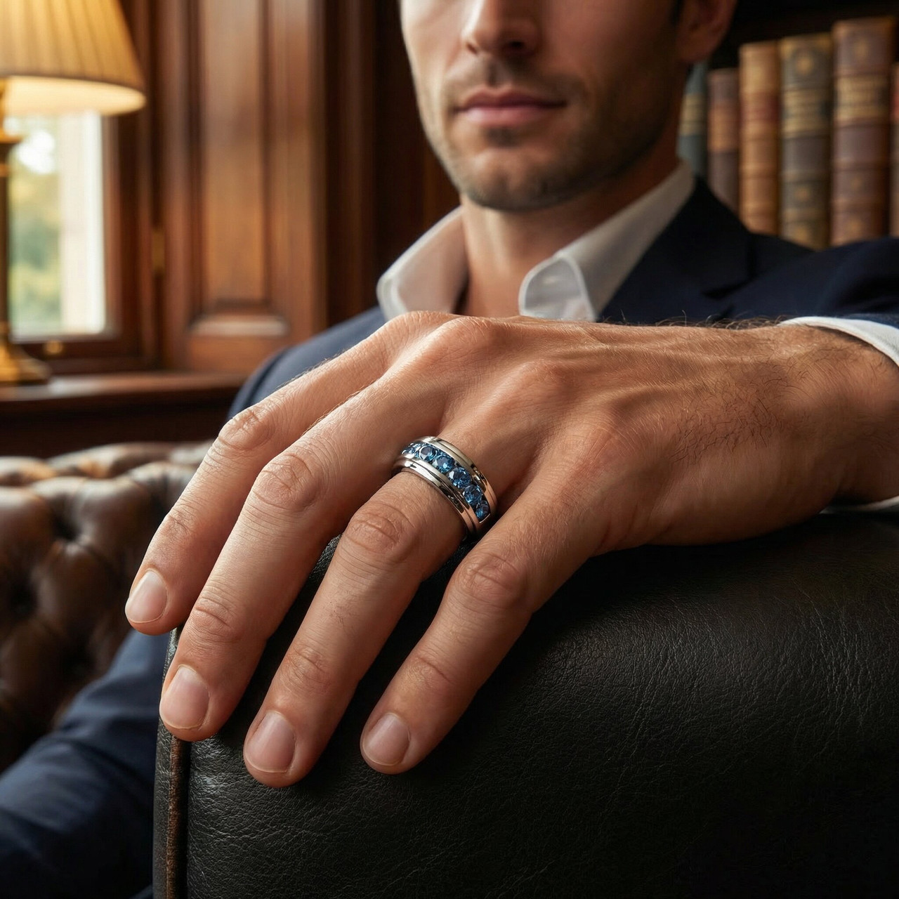 4Ct TW Blue Diamond Men's Ring 10k White Gold Lab Grown (Blue, VS)