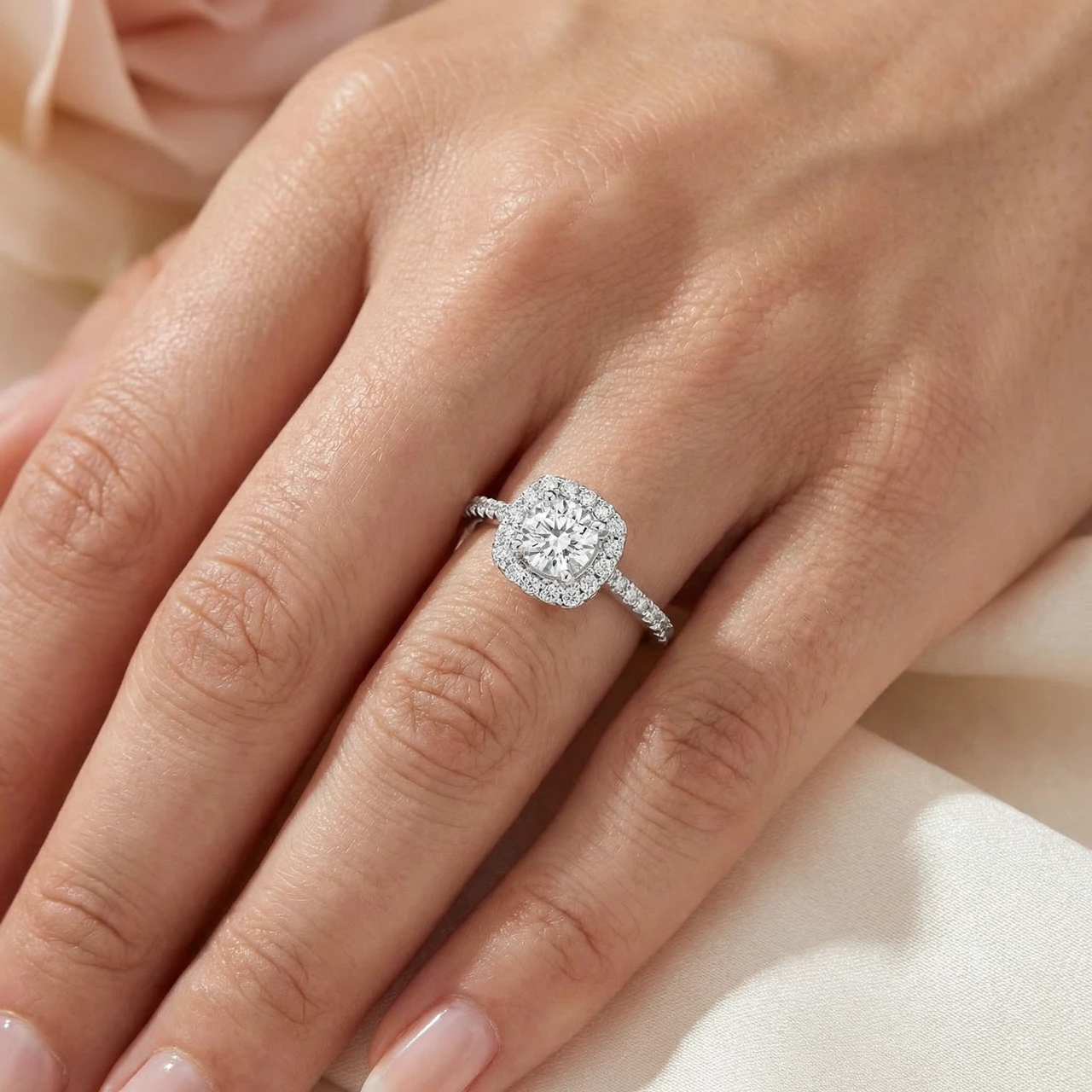 1 1/5ct TW Diamond Cushion Halo Engagement Ring 10k White Gold (G-H, I1)