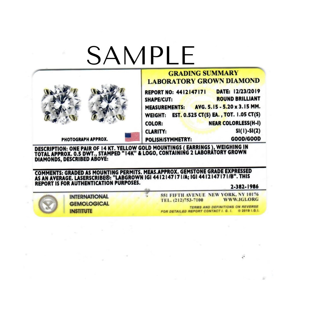 Certified 1Ct TW Round Diamond Studs 14k Gold Lab Grown (D-E, VS)