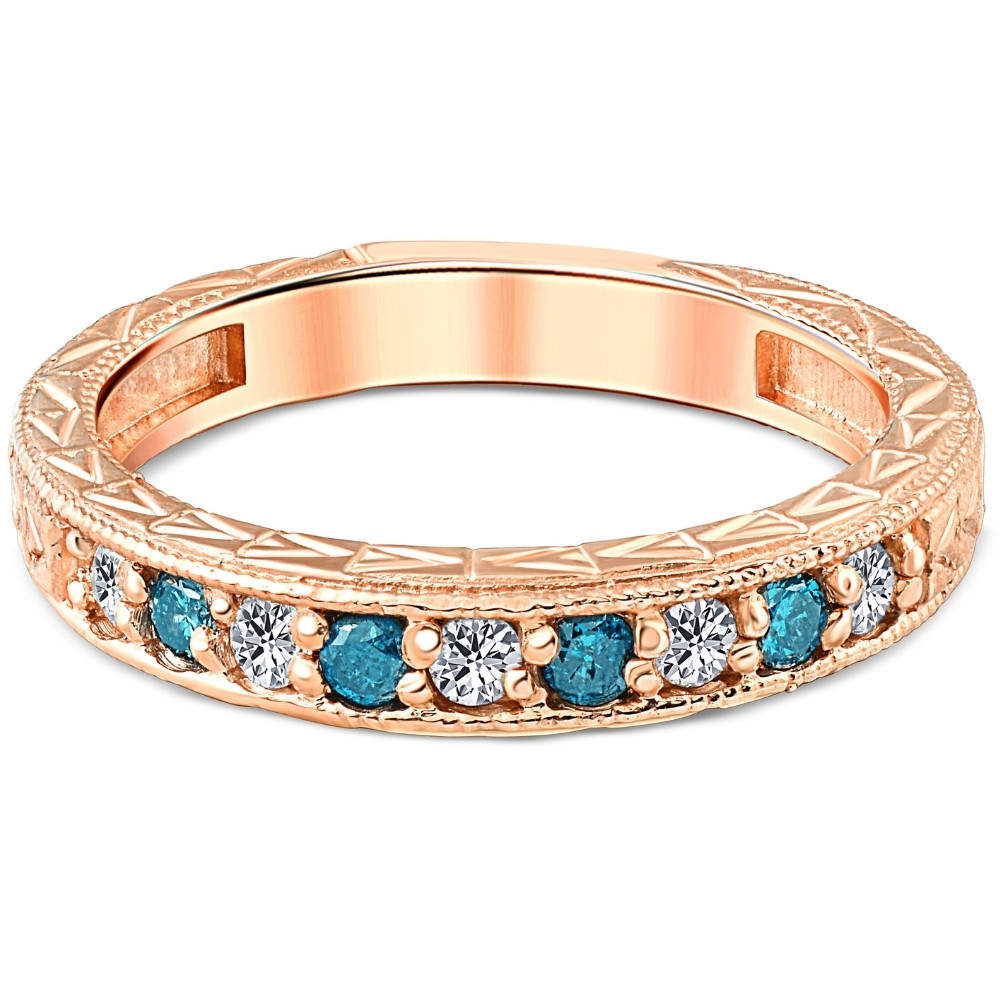 1/4CT Blue & White Diamond Vintage Wedding Anniversary Ring 14K Rose Gold (H-I, I1)