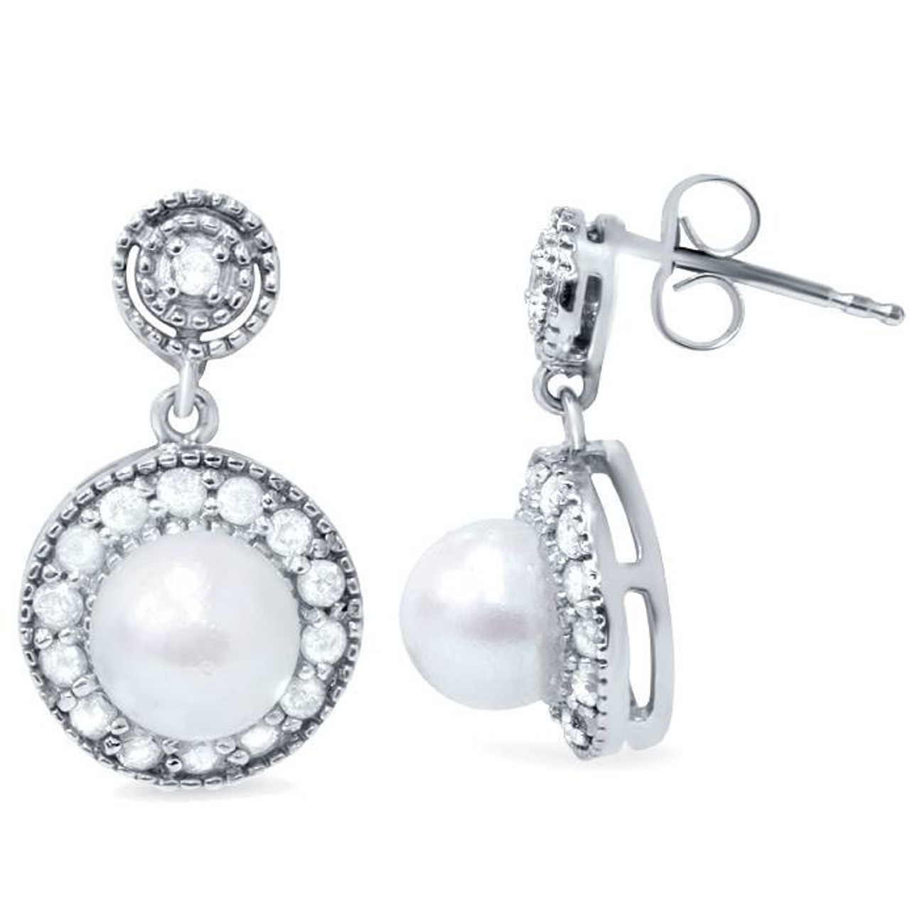 3/8ct Diamond & Pearl Vintage Gatsby Style Earrings 10K