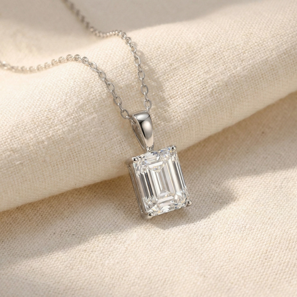 2 Ct Emerald Diamond Solitaire Pendant 14k White Gold Lab Grown (F-G, SI)