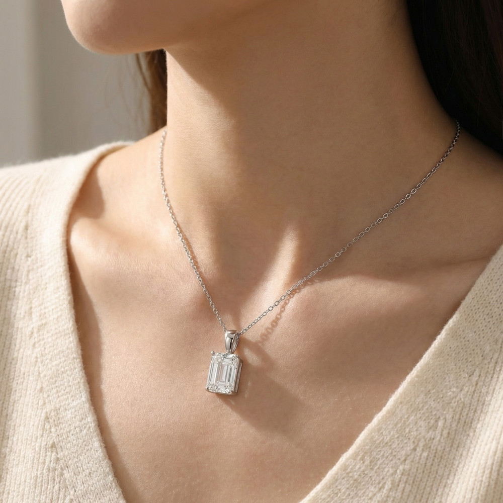 2 Ct Emerald Diamond Solitaire Pendant 14k White Gold Lab Grown (F-G, SI)