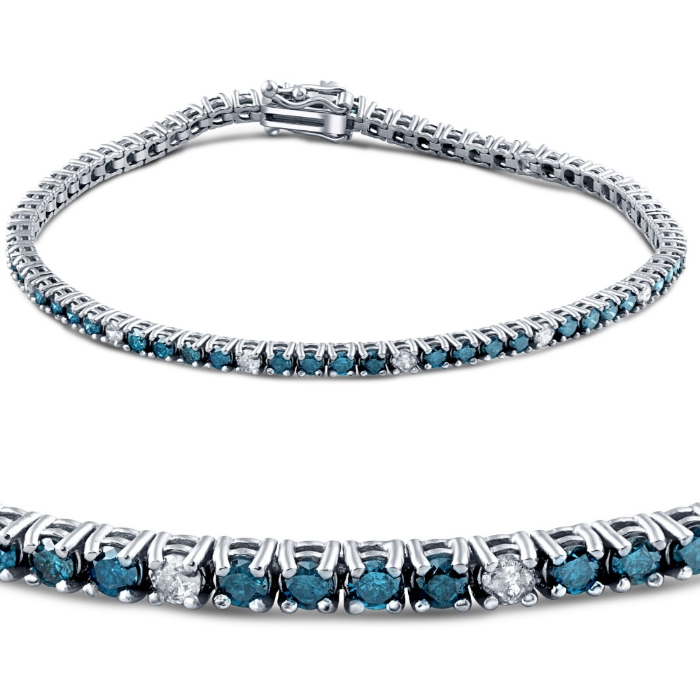 2ct Treated Blue & White Diamond Tennis Bracelet 14K White Gold (G-H, I2-I3)