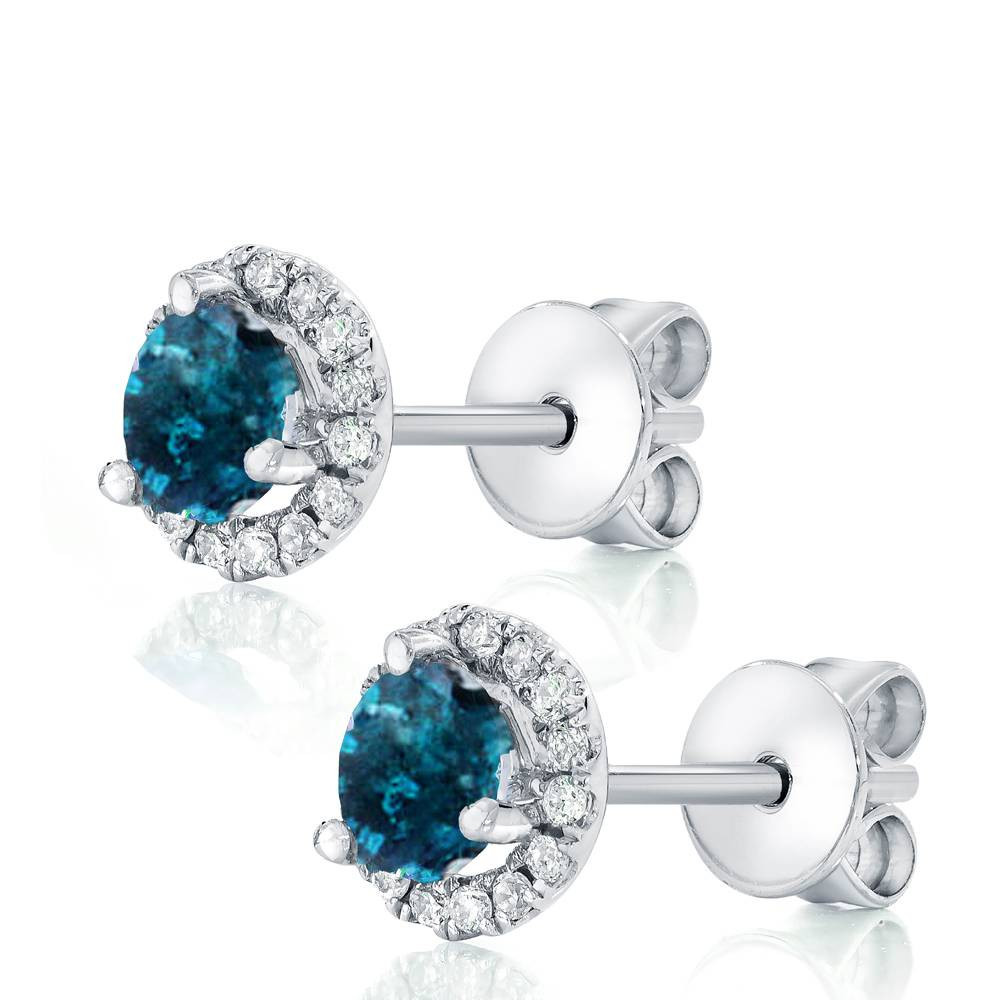 1Ct Blue Diamond Halo Studs 10k White Gold Earrings (Blue, SI)