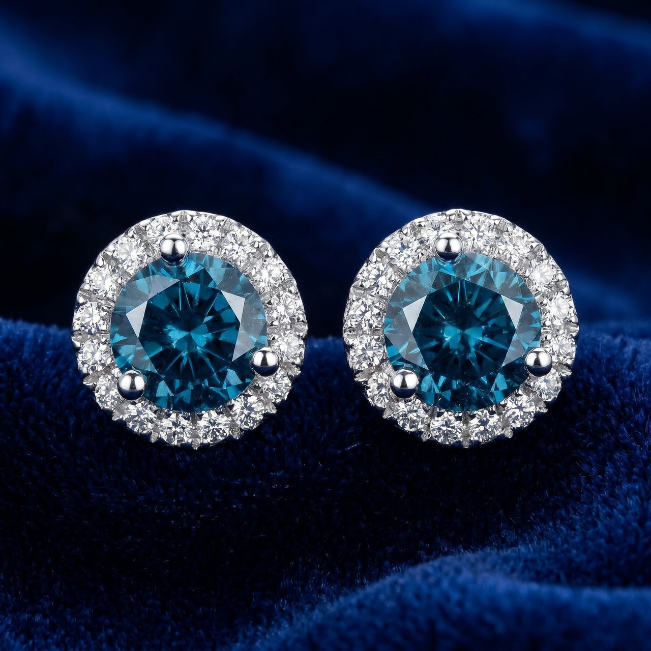 1Ct Blue Diamond Halo Studs 10k White Gold Earrings (Blue, SI)