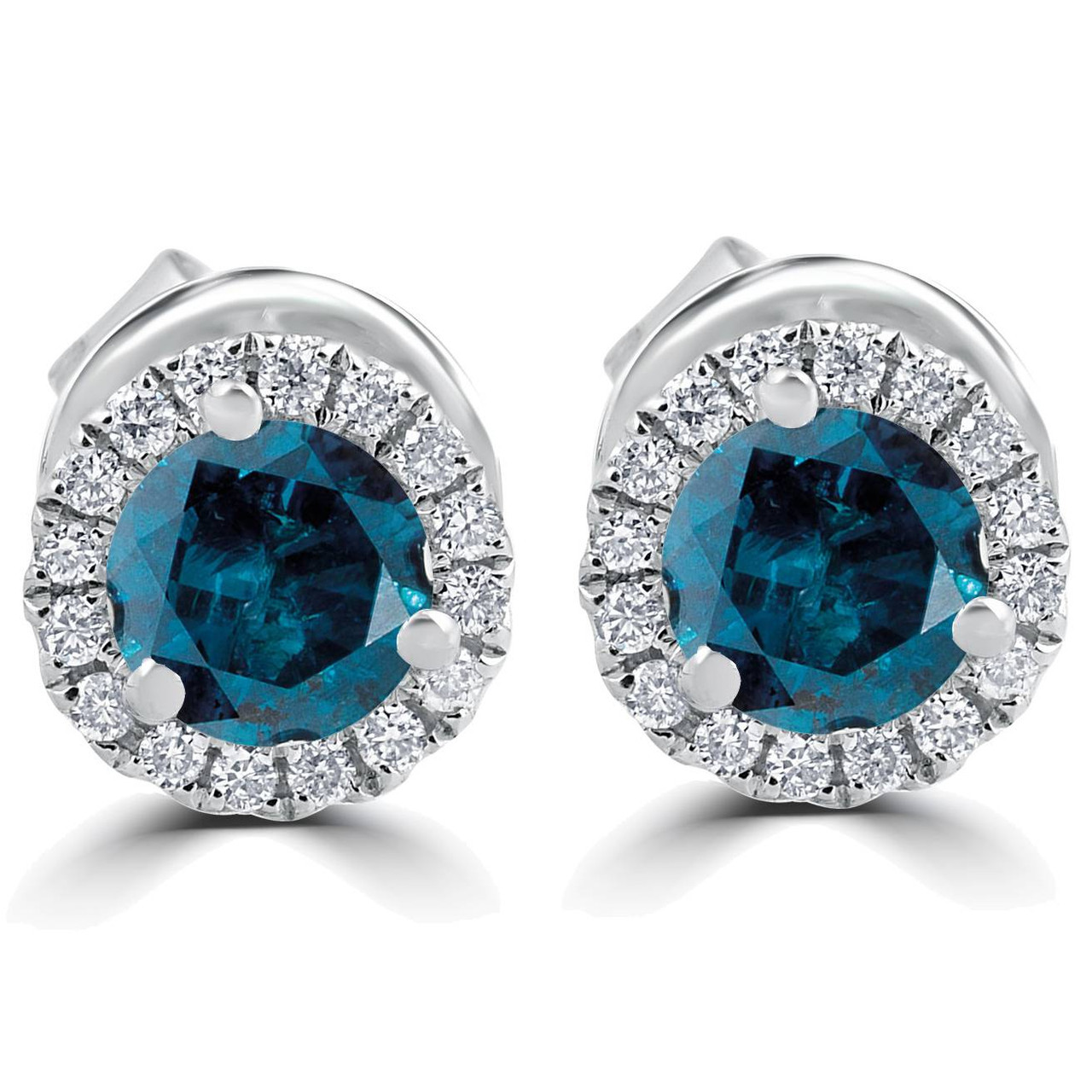 1Ct Blue Diamond Halo Studs 10k White Gold Earrings (Blue, SI)